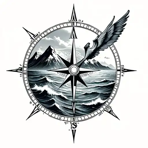 Ocean And Mountain And Compass And Line