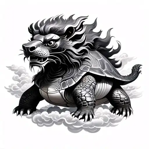 Chinese Lion Turtle Inside A Cloud Temple