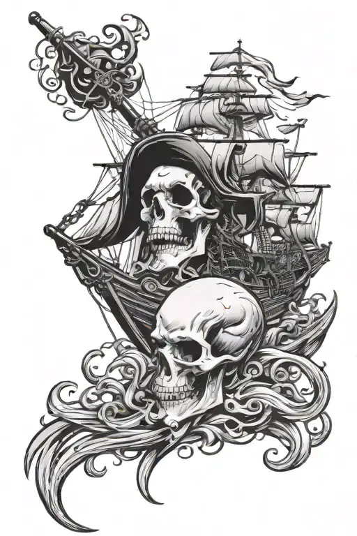 Skull Pirate Ship Kraken Attacking