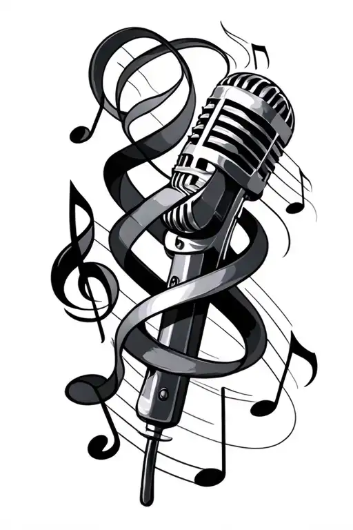 Microphone Intertwined With Musical Notes Flowing