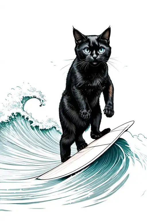 Black Cat Surfing Wave Standing Up