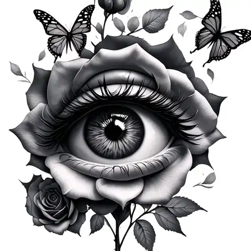 Roses Surrounding A Pair Of Eyes With Butterflies