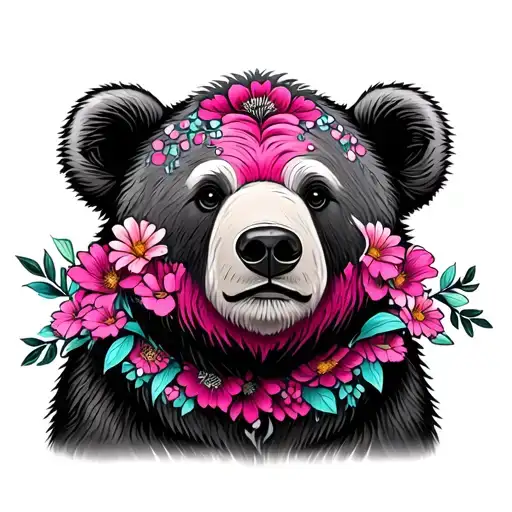 Pink Ish Bear With Flowers Around It