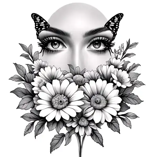 Two Eyes Surrounded By Flowers With 2 Butterfly
