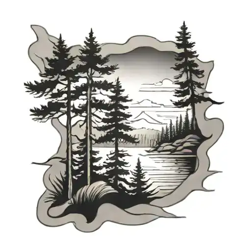 Pine Trees And Water With Paintbrush