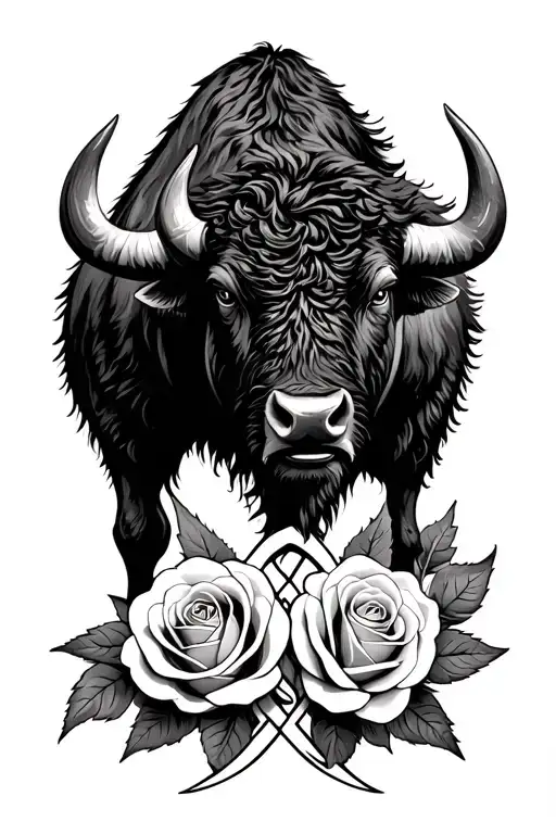 Bison Facing Storm With 3 Roses Around A Trinity Knot