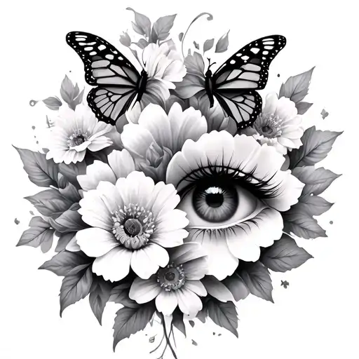 Two Eyes Surrounded By Flowers With 2 Butterfly