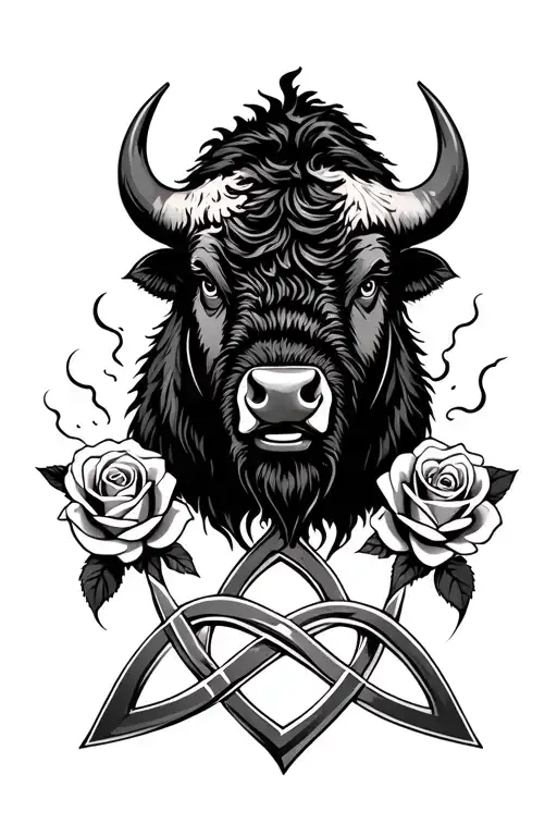 Bison Face Coming Out Of Storm With 3 Roses Around A Trinity Knot