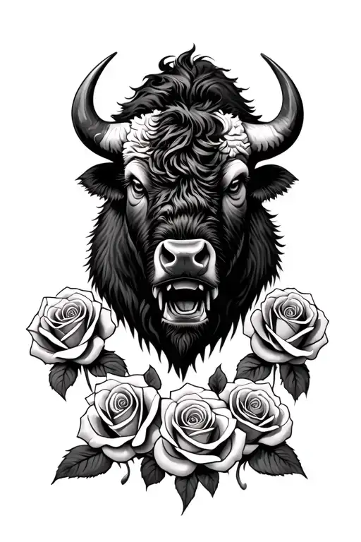 Big Bison Face Coming Out Of Storm With 3 Roses Intertwined