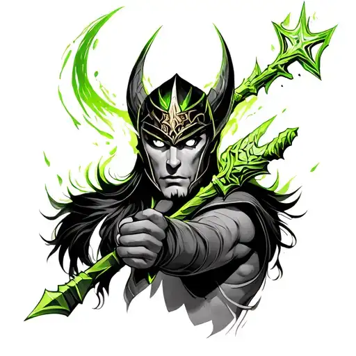 Loki Tatto Dark With Green Highlights Wearing Helmet White Eyes And Holding Sceptre