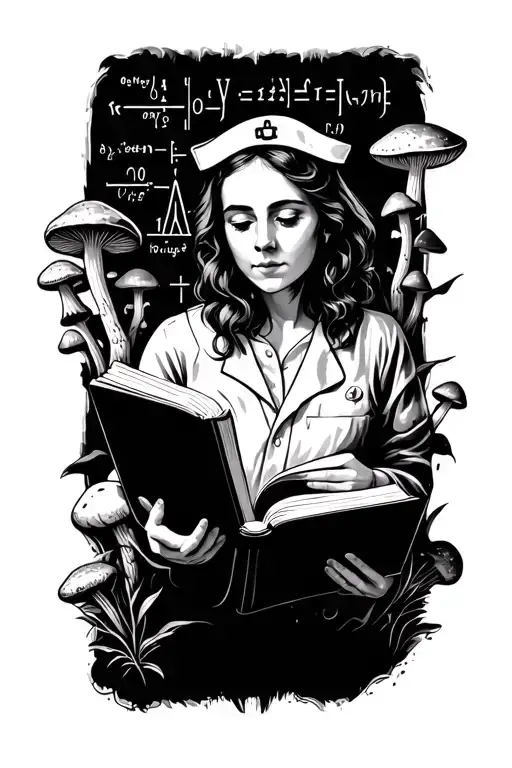 A Black-grey Tattoo Of A Nurse Reading A Book Surrounded By Morel Mushrooms And Scientific Equations
