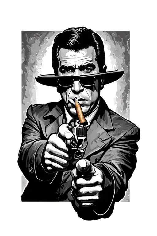 Scarface Standing With His Gun Pointing Up And A Cigar In The Mouth
