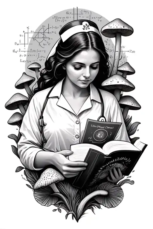 A Black-grey Tattoo Of A Nurse Reading A Book Surrounded By Morel Mushrooms And Scientific Equations