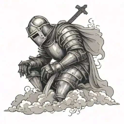 Knight Kneeling With Cross Shining In The Clouds Surrounding