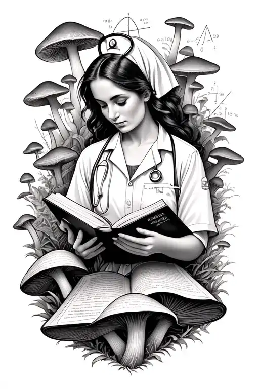 A Black-grey Tattoo Of A Nurse Reading A Book Surrounded By Morel Mushrooms And Scientific Equations