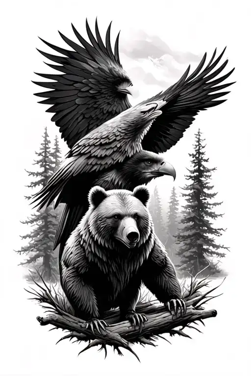 Bear And Eagle In The Woods Surrounded