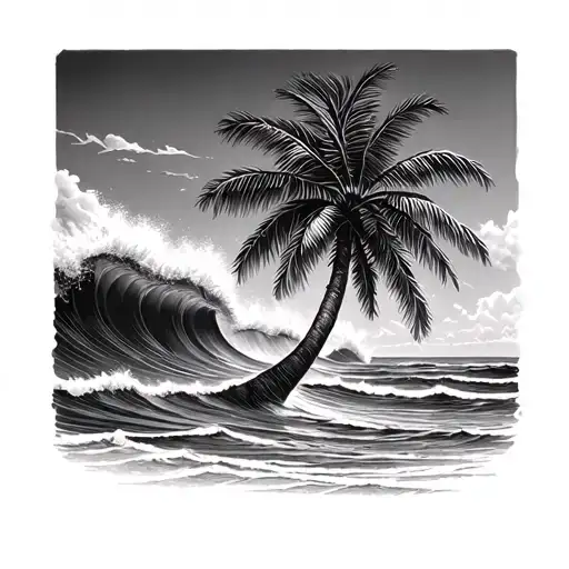 Palm Tree With Ocean Waves Crashing In The Background