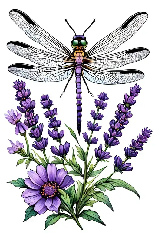 Dragonfly With Lavender And Wild Flowers Fine Line