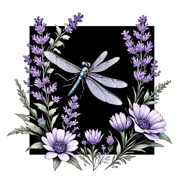 Dragonfly With Lavender And Wild Flowers Fine Line