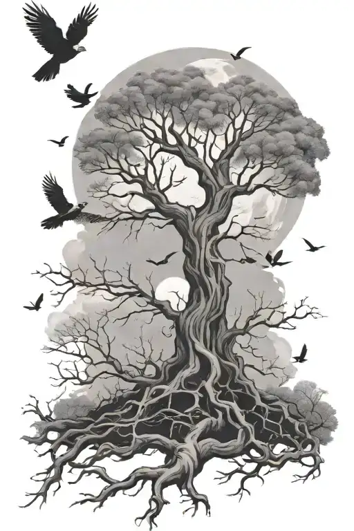 Posion Tree With Roots No Leaves Moon With Birds Flying