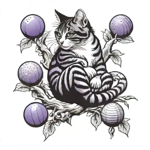 Cat With A Purple Stripe Sitting In Tree Branch Playing With 4 Bingo Balls