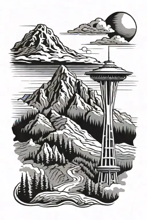 Space Needle With Mountain Range