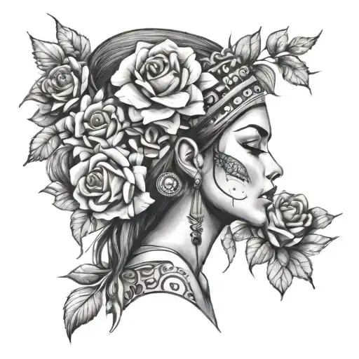 Woman With A Tribal Headdress Made Of Roses