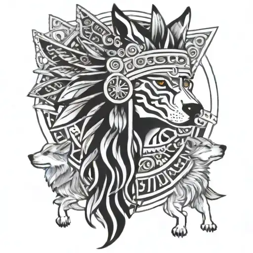 A Gun-wielding Aztec Deity Surrounded By Wolves In A Geometric Design