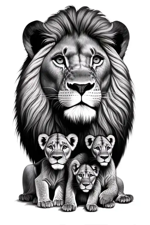 Lion King With 3 Cubs Face Only