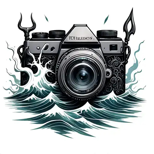 Camera Surrounded By A Storm With Poseidons Trident With Waves