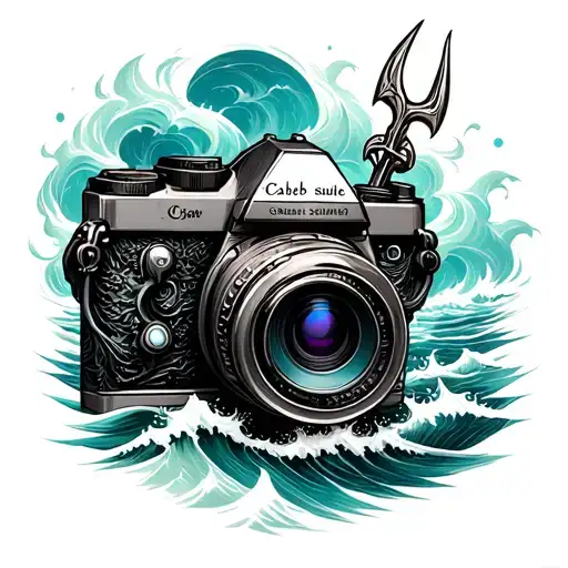 Camera Surrounded By A Storm With Poseidons Trident With Waves And The Name Caleb Saulnier Worked In