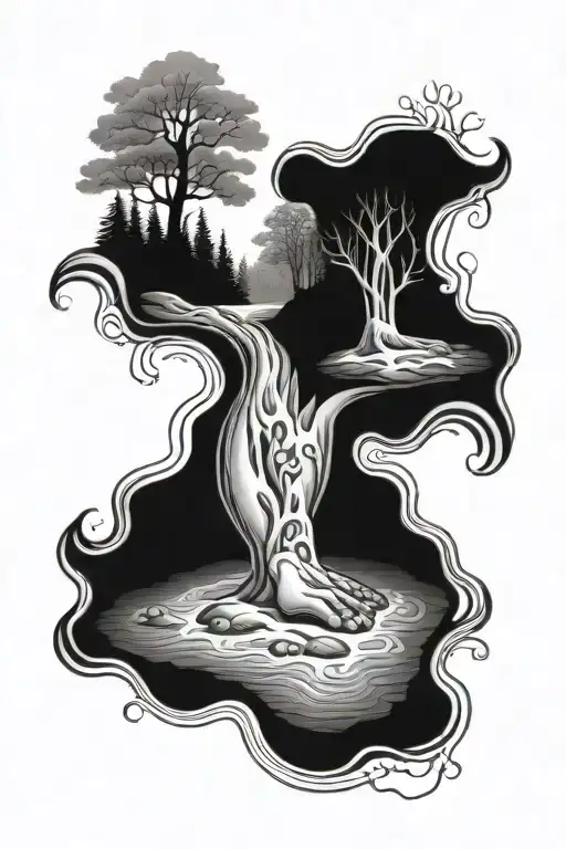 Baby Foot Print River Flowing With Trees Growing