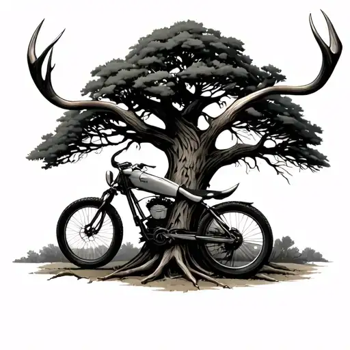 Bike Leaning On Tree With Longhorn Antlers In The Tree