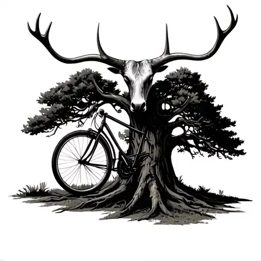 Bicycle Leaning On Tree With Longhorn Antlers In The Tree