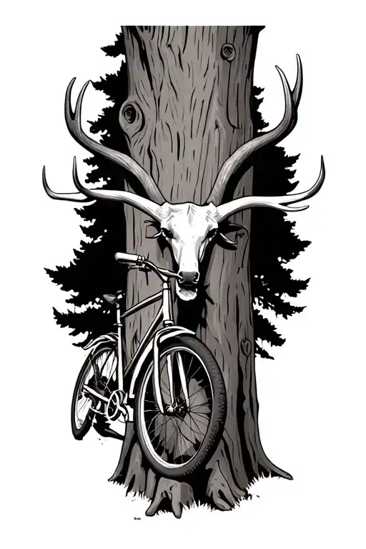 Bicycle Leaning On Tree With Longhorn Antlers Nailed To The Tree Trunk