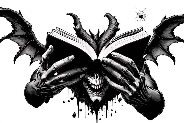 Drug Addiction Demon Holding Open Book Pages Turning Into Flying