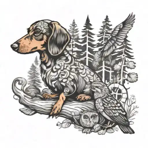 Dachshund And Owl Companions In A Whimsical Forest Scene