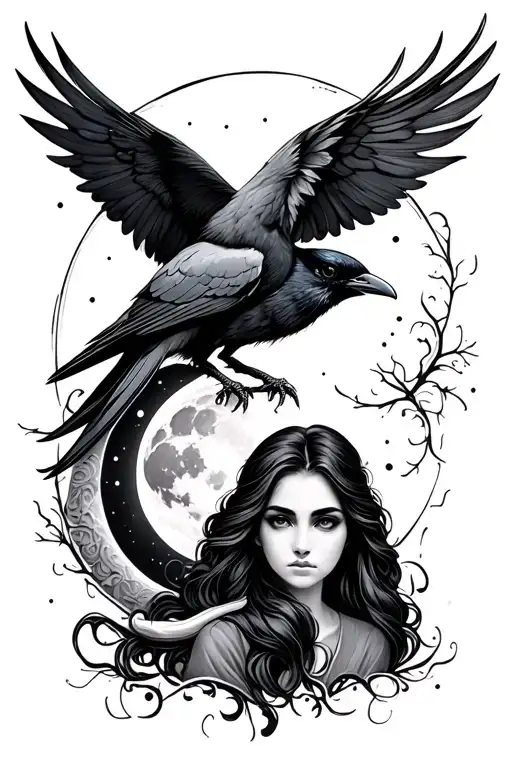 Warm Woman And Crow With A Moon