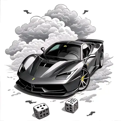 Half Sleeve Cloud Background With Thrown Dice And Ferrari Car