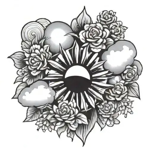 Sun With Cloud Filled Sky And Flowers