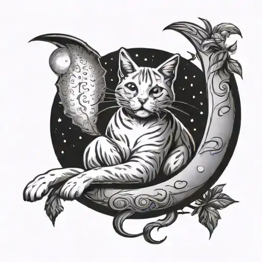 Crescent Moon With A Cat Playing