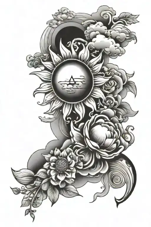 Sun With Cloud Filled Sky And Flowers