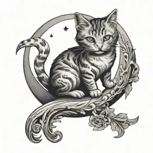Crescent Moon With A Small Cat Playing