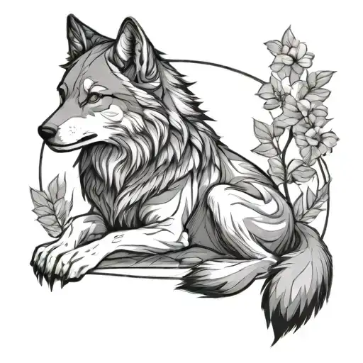 Create A Tattoo Of A Wolf With An Anime Girl Sitting