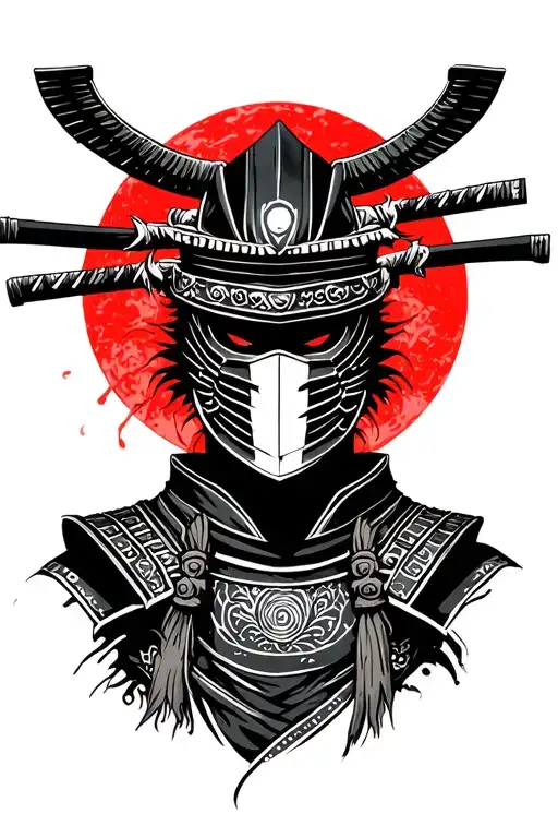 Masked Samurai With Red Sun Background
