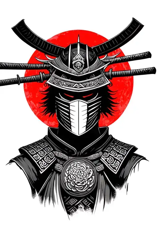 Masked Samurai Full Body With Red Sun Background