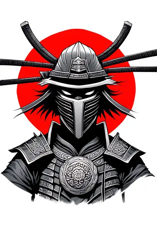 Masked Samurai Full Body With Red Sun Background