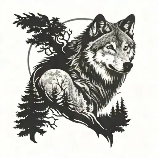 Wolf With Moon And Forest