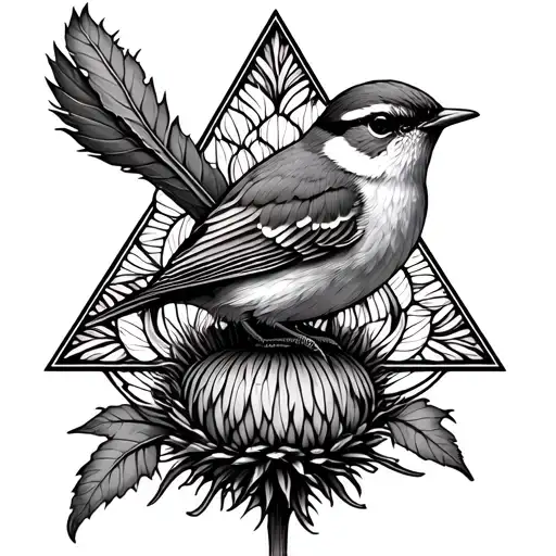Wren On A Thistle Inside Mandala Triangle