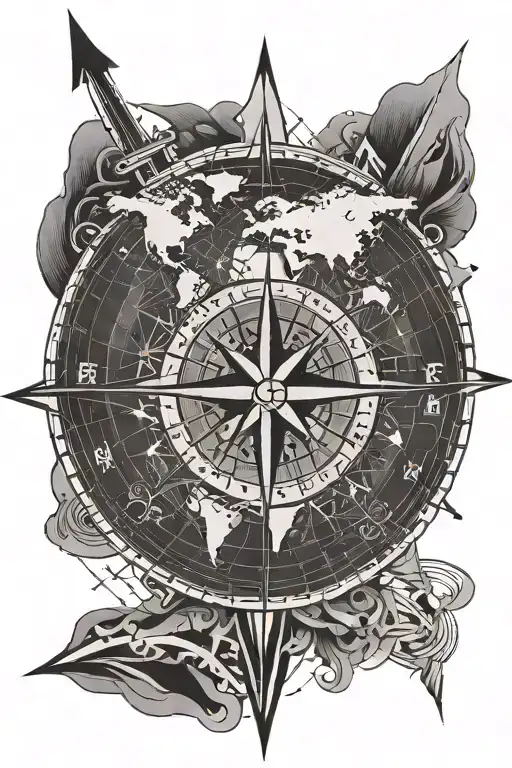 Compass Rose With Geometric World Map And Arrows Pointing To M And B